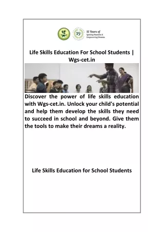 Life Skills Education For School Students Wgs cet in