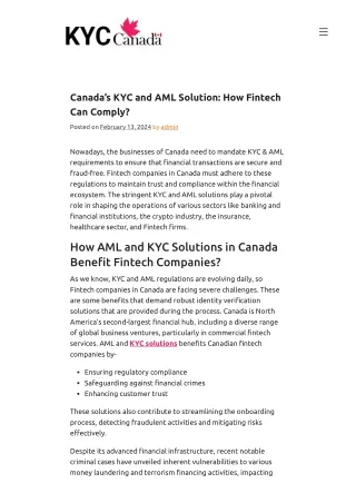 Canada’s KYC and AML Solution: How Fintech Can Comply?