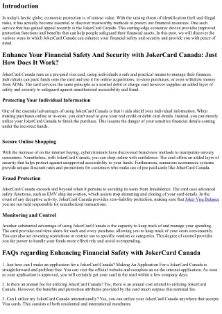 Enhance Your Financial Safety And Security with JokerCard Canada