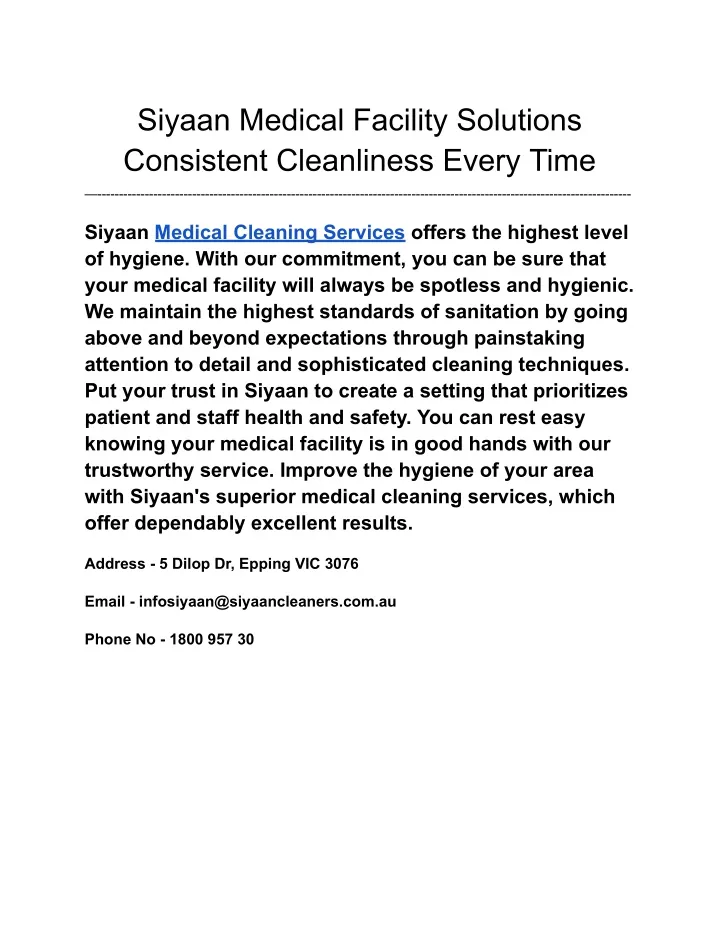 siyaan medical facility solutions consistent