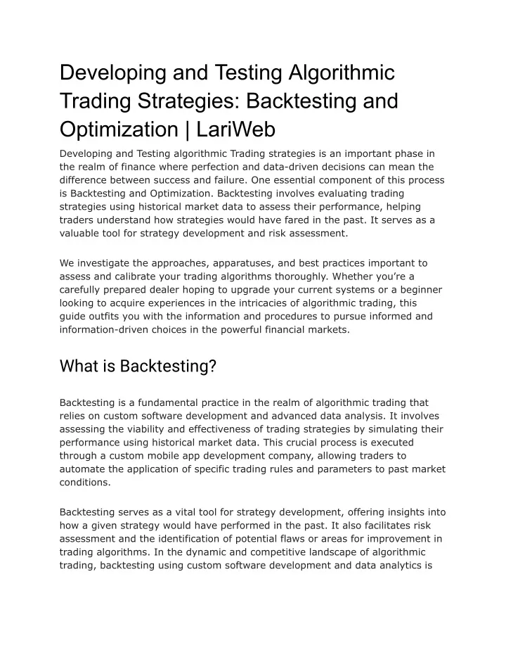 developing and testing algorithmic trading