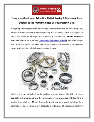 Navigating Quality and Reliability Mridul Bearing & Machinery Store Emerges as the Premier Chinese Bearing Dealer in Del