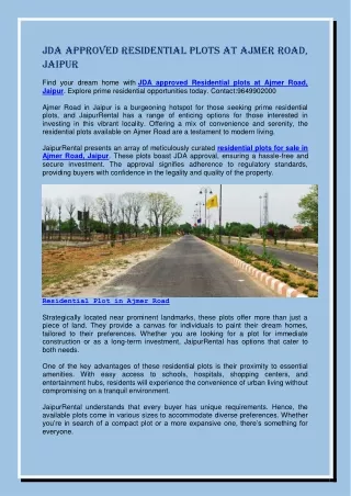 JDA approved Residential plots at Ajmer Road