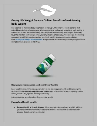 Grassy Life Weight Balance Online and Benefits of maintaining body weight