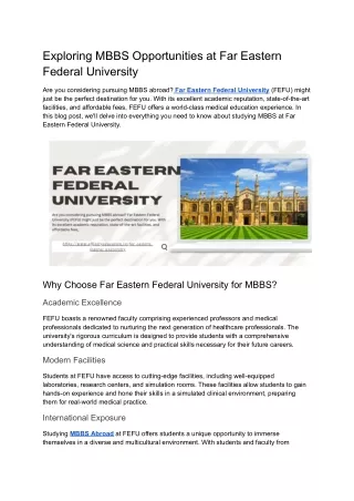 Exploring MBBS Opportunities at Far Eastern Federal University