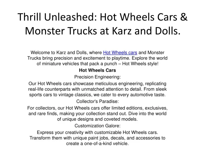 thrill unleashed hot wheels cars monster trucks at karz and dolls