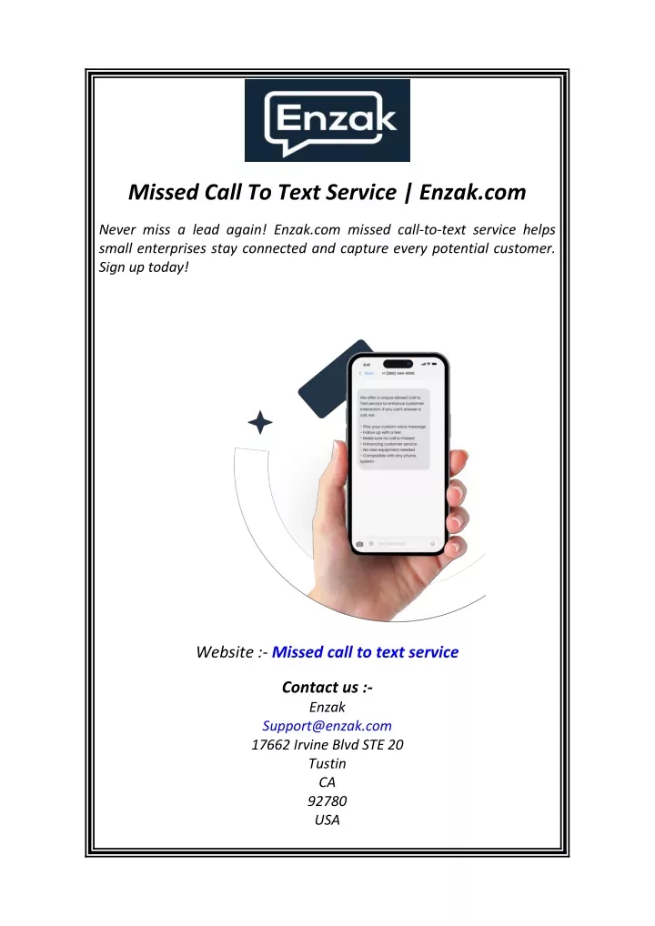 missed call to text service enzak com