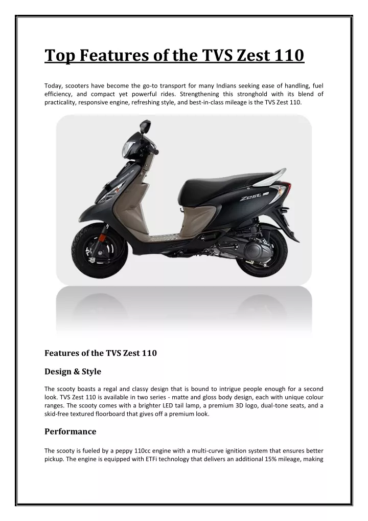 top features of the tvs zest 110 today scooters