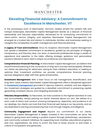 Elevating Financial Advisory A Commitment to Excellence in Manchester, VT