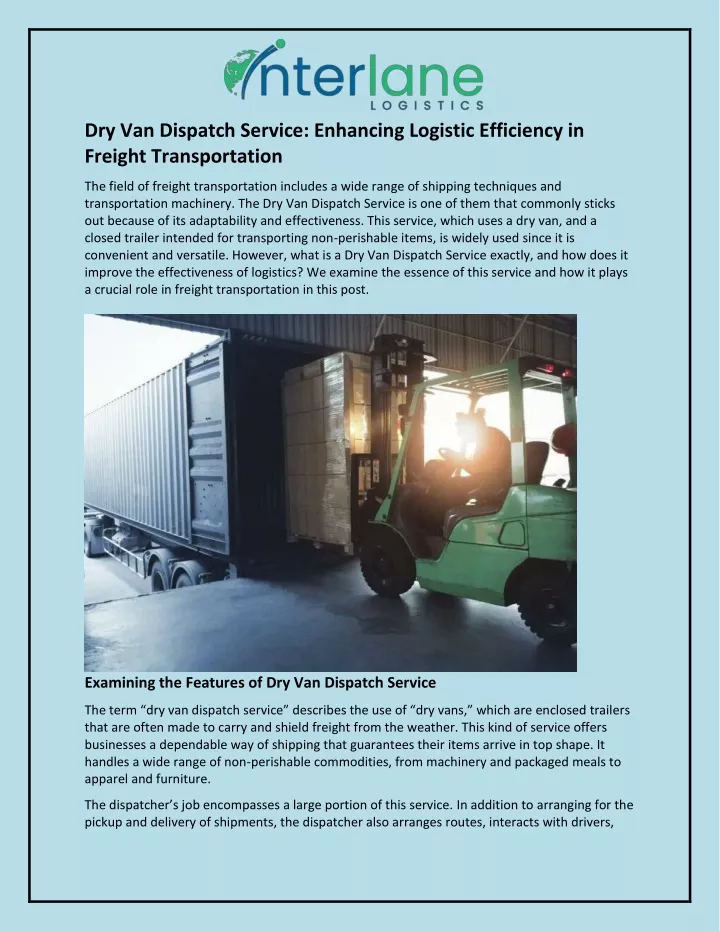 dry van dispatch service enhancing logistic