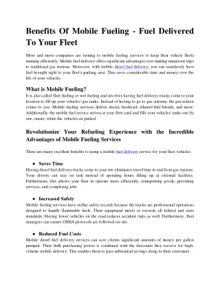 Benefits Of Mobile Fueling - Fuel Delivered To Your Fleet
