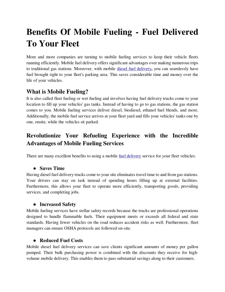 benefits of mobile fueling fuel delivered to your