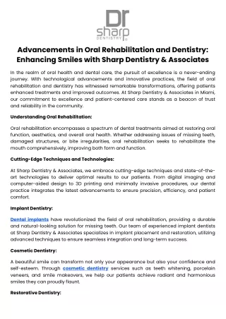 Advancements in Oral Rehabilitation and Dentistry Enhancing Smiles with Sharp Dentistry & Associates