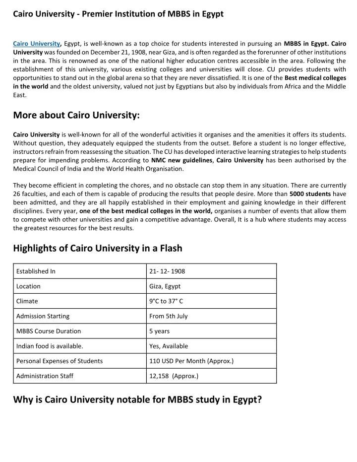 cairo university premier institution of mbbs