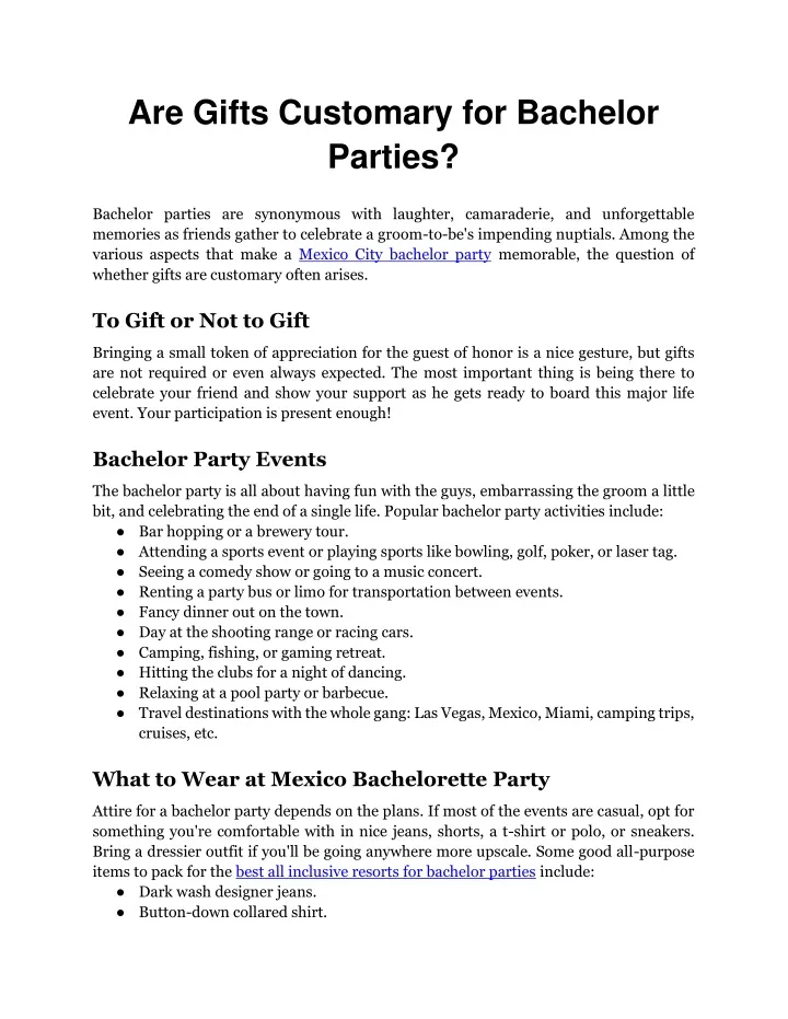 are gifts customary for bachelor parties