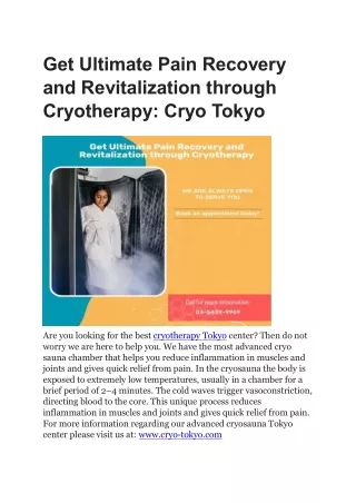 Get Ultimate Pain Recovery and Revitalization through Cryotherapy