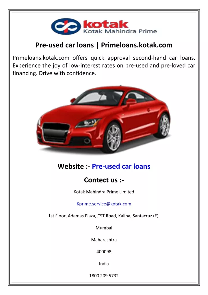 pre used car loans primeloans kotak com