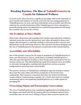 Breaking Barriers: The Rise of Tadalafil Generics in Canada for Enhanced Wellnes