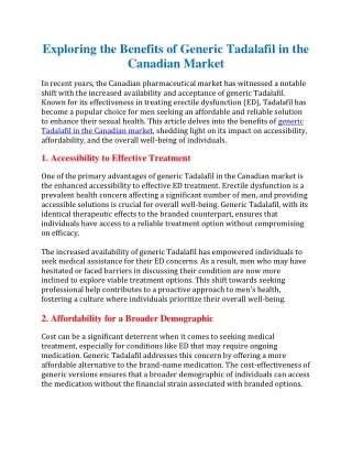 Exploring the Benefits of Generic Tadalafil in the Canadian Market