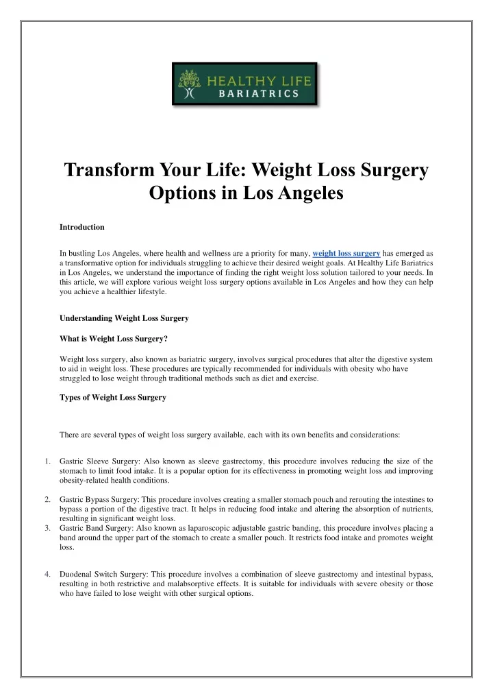 transform your life weight loss surgery options