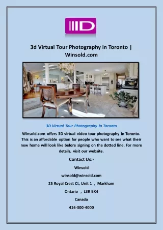 3d Virtual Tour Photography in Toronto | Winsold.com
