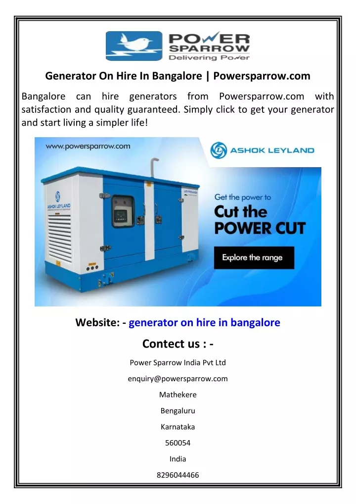 generator on hire in bangalore powersparrow com