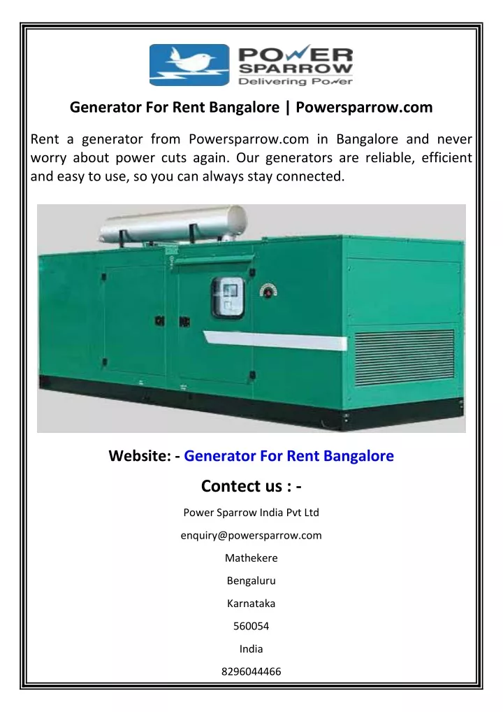 generator for rent bangalore powersparrow com