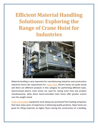 Efficient Material Handling Solutions: Exploring the Range of Crane Hoist for In