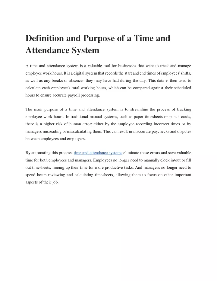 definition and purpose of a time and attendance