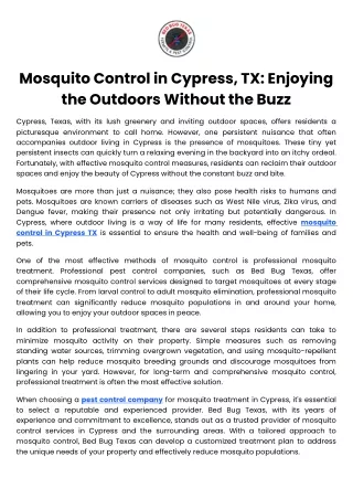 Mosquito Control in Cypress, TX Enjoying the Outdoors Without the Buzz