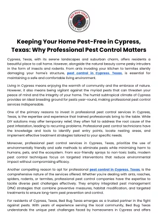 Keeping Your Home Pest-Free in Cypress, Texas Why Professional Pest Control Matters