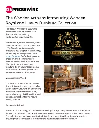 The Wooden Artisans Introducing Wooden Royal and Luxury Furniture Collection