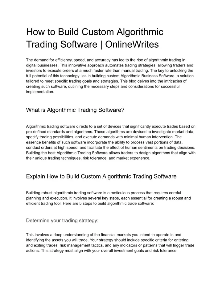 how to build custom algorithmic trading software
