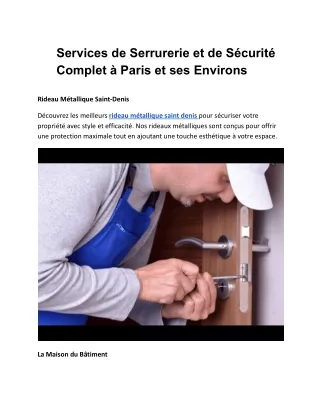 Services de Serrurerie et de Sécurité Complet à Paris et ses Environs