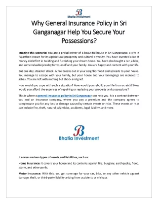 Why General Insurance Policy in Sri Ganganagar Help You Secure Your Possessions