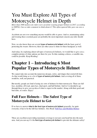 You Must Explore All Types of Motorcycle Helmet in Depth