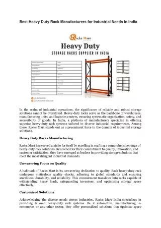 Heavy Duty Rack Manufacturers in India