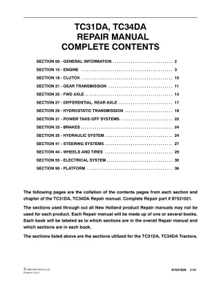 New Holland TC34DA Tractor Service Repair Manual