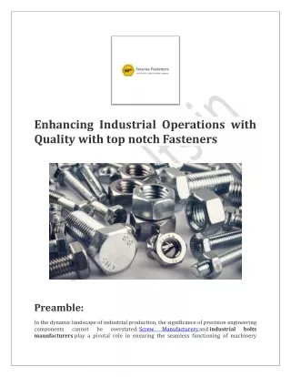 Enhancing Industrial Operations with Quality with top notch Fasteners