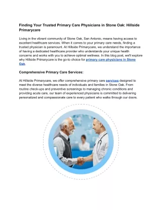 Finding Your Trusted Primary Care Physicians in Stone Oak Hillside Primarycare