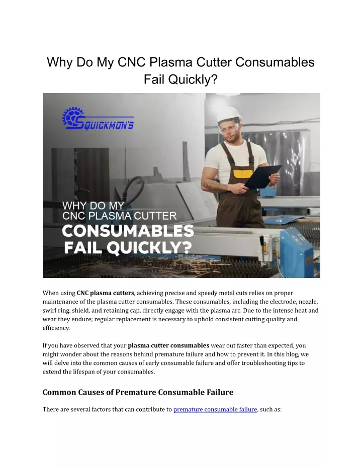 why do my cnc plasma cutter consumables fail