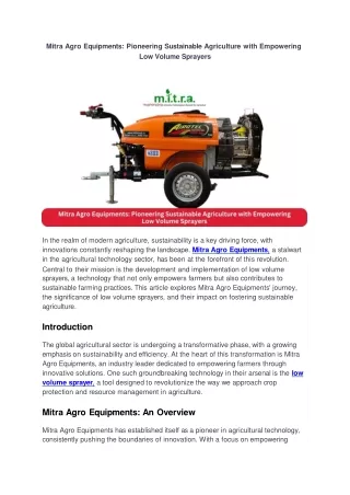 Mitra Agro Equipments Pioneering Sustainable Agriculture with Empowering Low Volume Sprayers