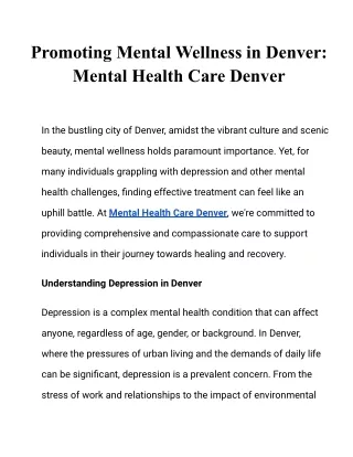 Promoting Mental Wellness in Denver: Mental Health Care Denver