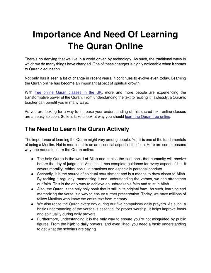 importance and need of learning the quran online