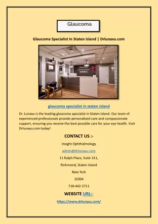 Glaucoma Specialist In Staten Island | Drlunaxu.com