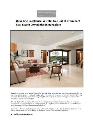 Unveiling Excellence A Definitive List of Prominent Real Estate Companies in Bangalore
