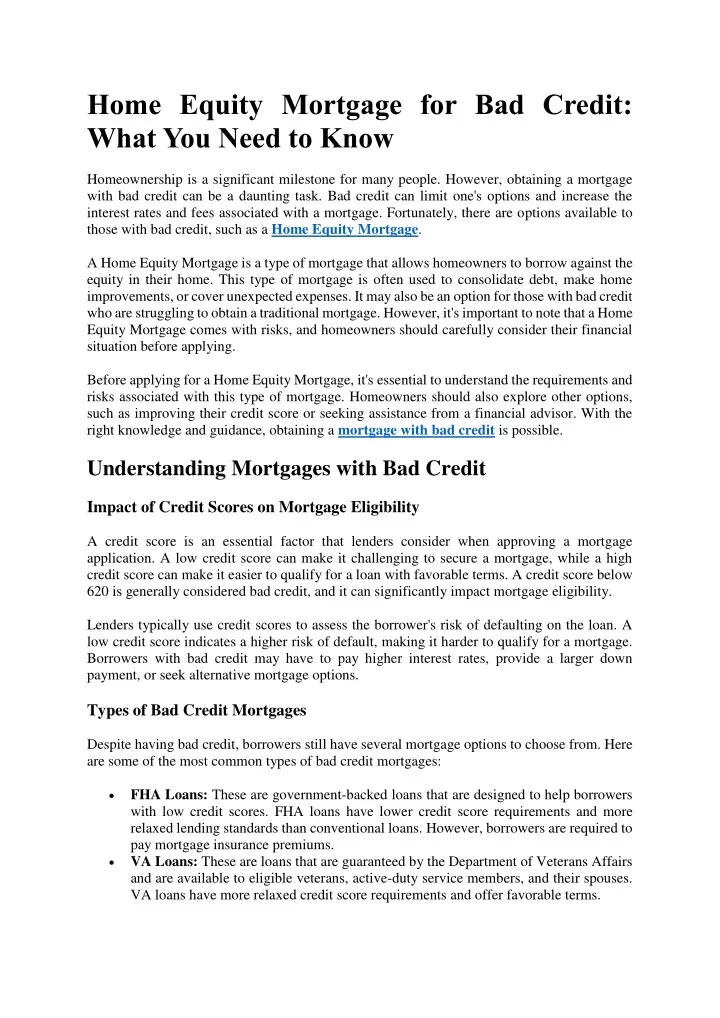 home equity mortgage for bad credit what you need