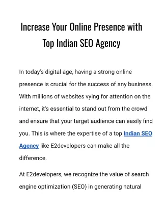 Increase Your Online Presence with Top Indian SEO Agency