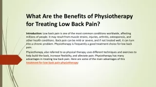 What Are the Benefits of Physiotherapy for Treating Low Back Pain