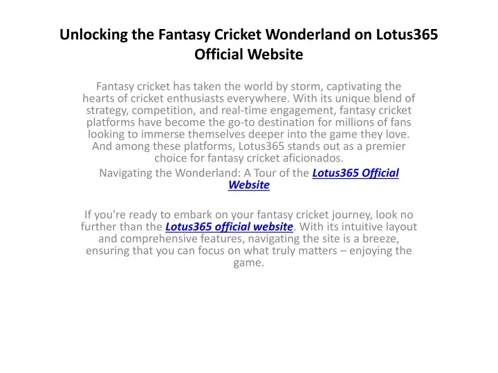 unlocking the fantasy cricket wonderland on lotus365 official website